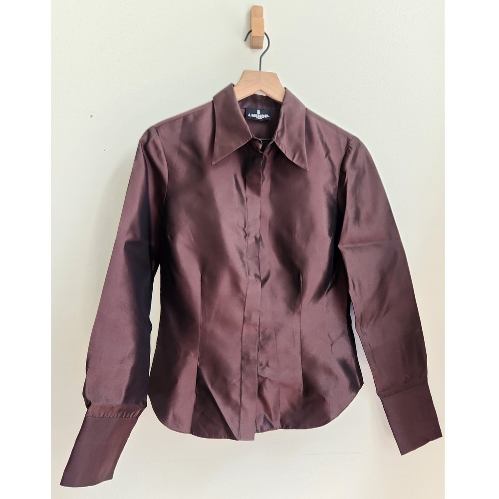 J. Mendel Blouse Womens 8 Brown Silk Blend Tailored Long Sleeve Quiet Luxury